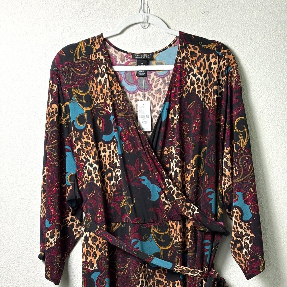 Catherines Black Label Paisley Leopard Print Wrap Dress Size 3X V Neck Belt NWT - Picture 2 of 12